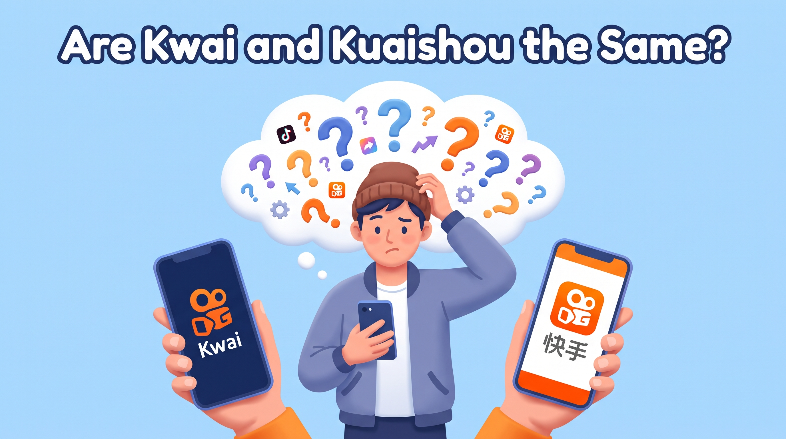 An illustration of a user confused by the branding difference between the Kwai and Kuaishou apps on two smartphones