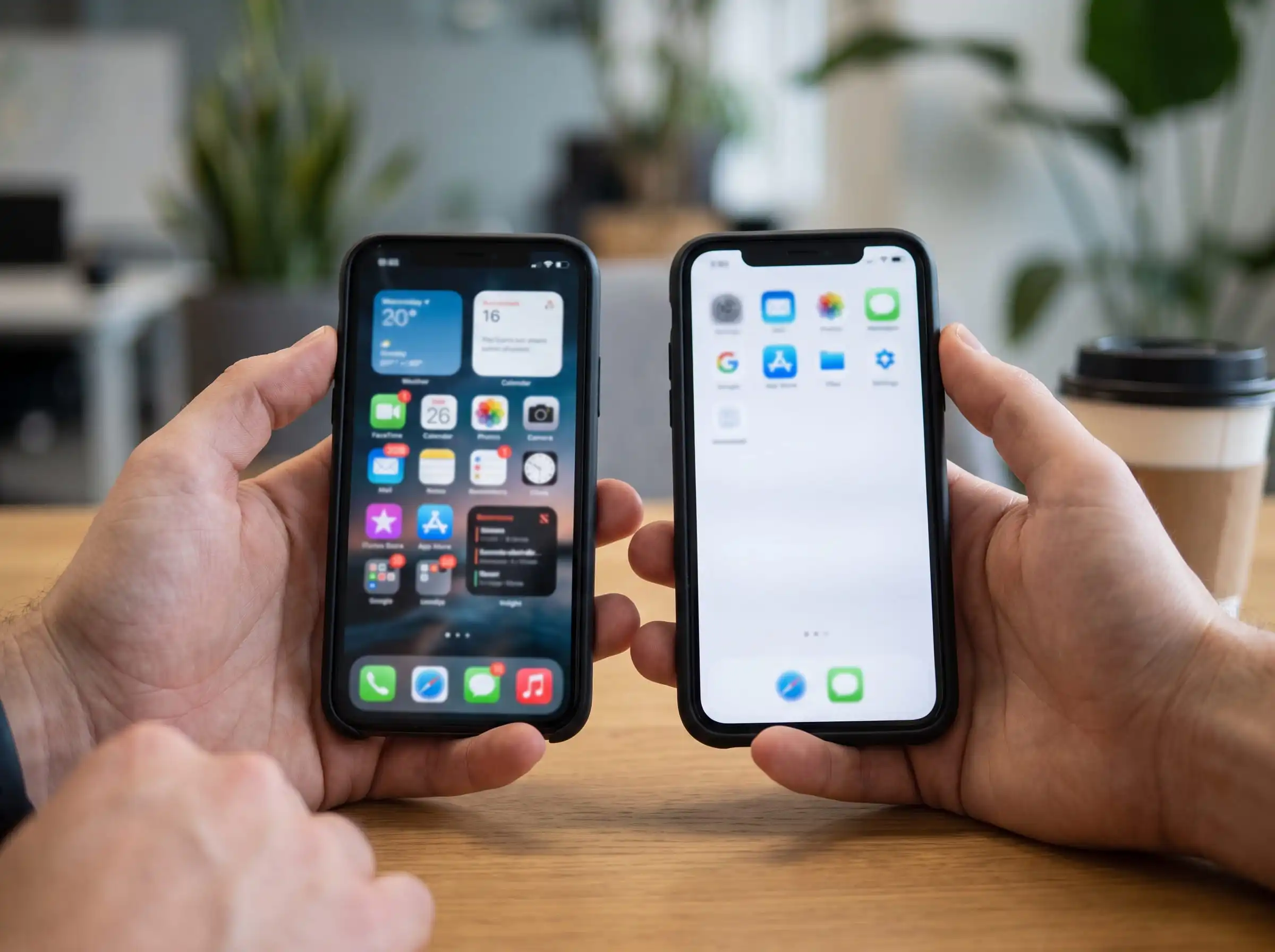 Person comparing two phones side by side while checking a batch of downloaded Kwai videos