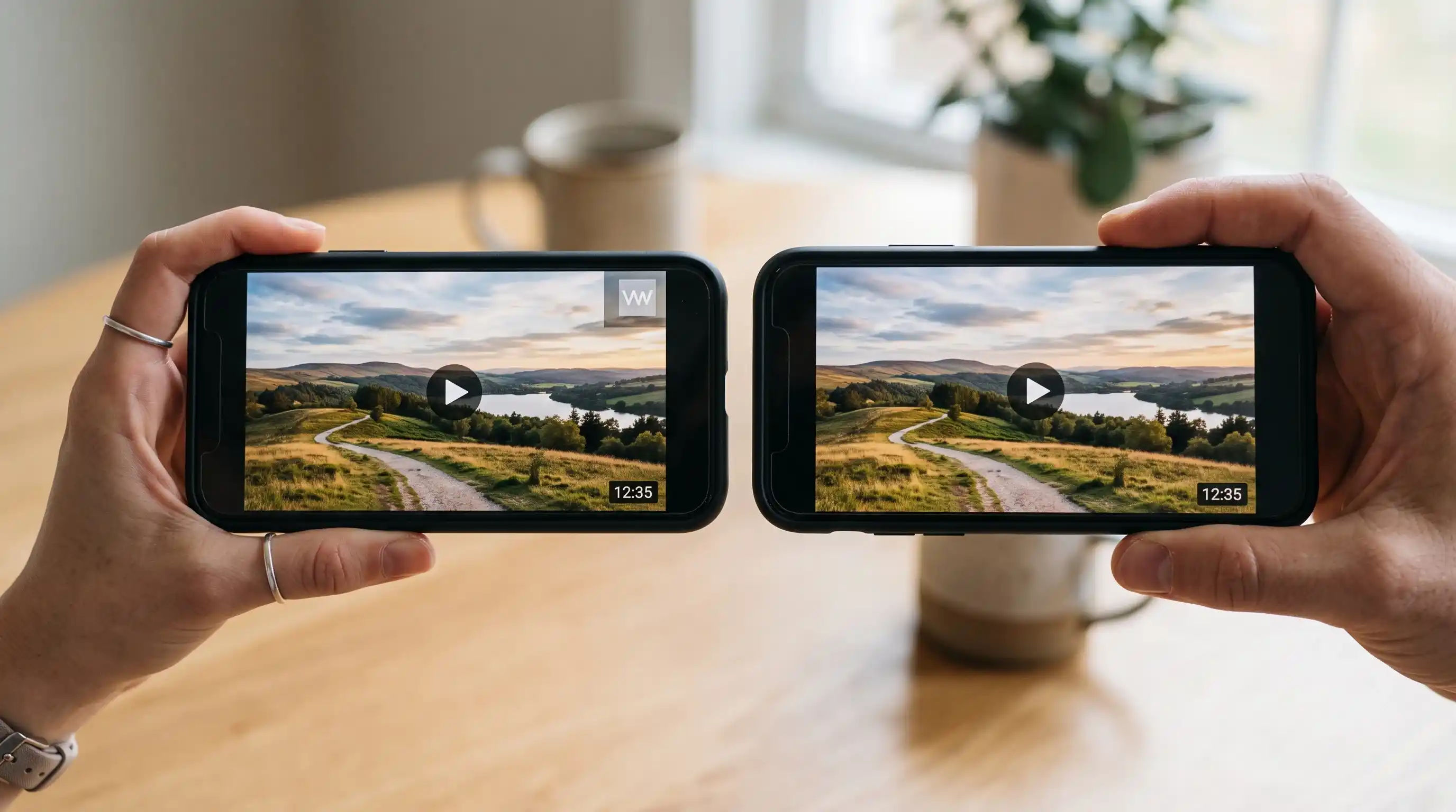 Side-by-side comparison of a Kuaishou video with and without the platform watermark