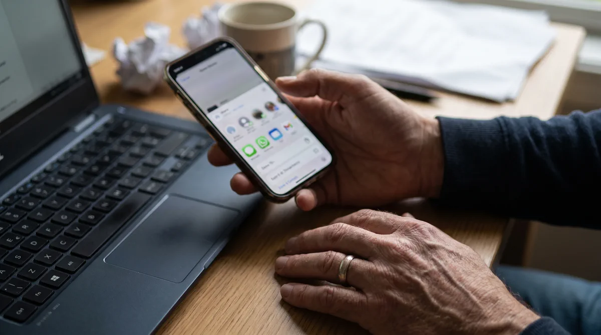 Person holding a smartphone to copy a Kuaishou video link before sending it to a PC or Mac
