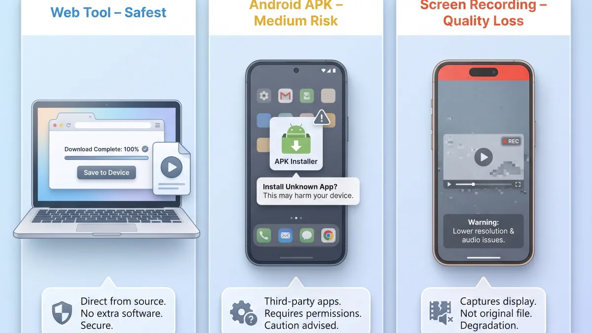 Comparison of web tool, Android APK, and screen recording methods for Kwai videos