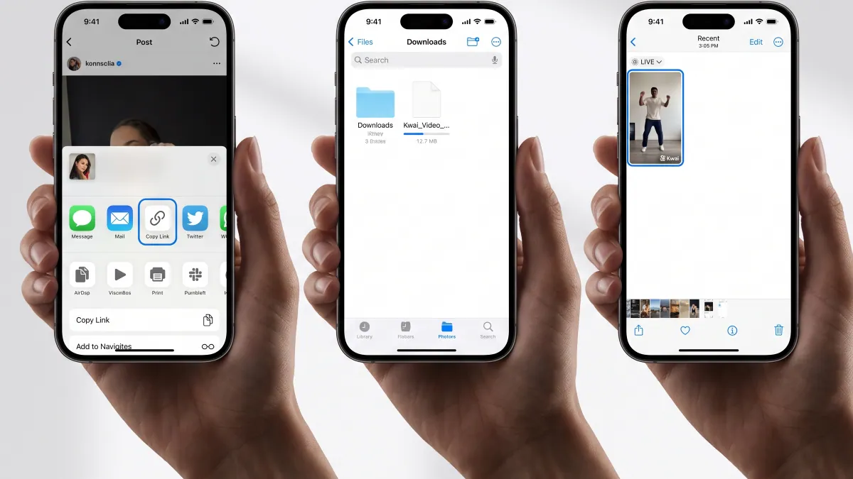 iPhone screen showing how to save clean Kwai videos to Photos app