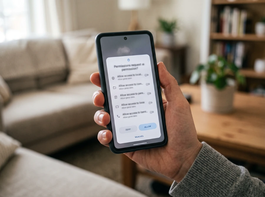 Android permissions request dialog on a smartphone screen, asking to allow or deny access to contacts, location, and other device data