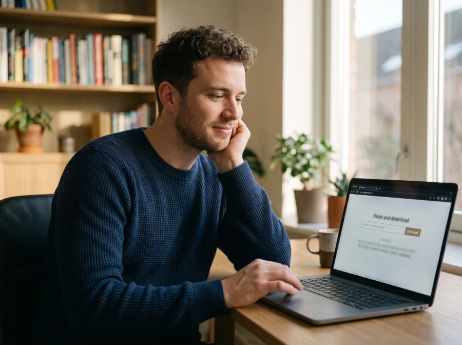 Man using a laptop with a browser page open showing a paste-and-download field, representing a browser-based video downloader