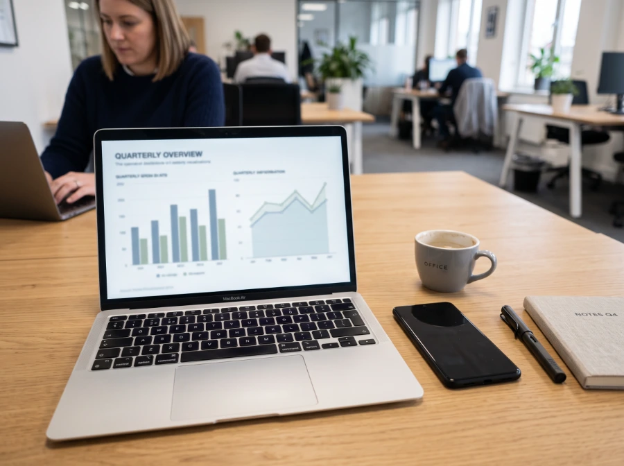 Laptop displaying a quarterly data chart next to a smartphone on a desk, representing the scale of malicious sideloaded app detections