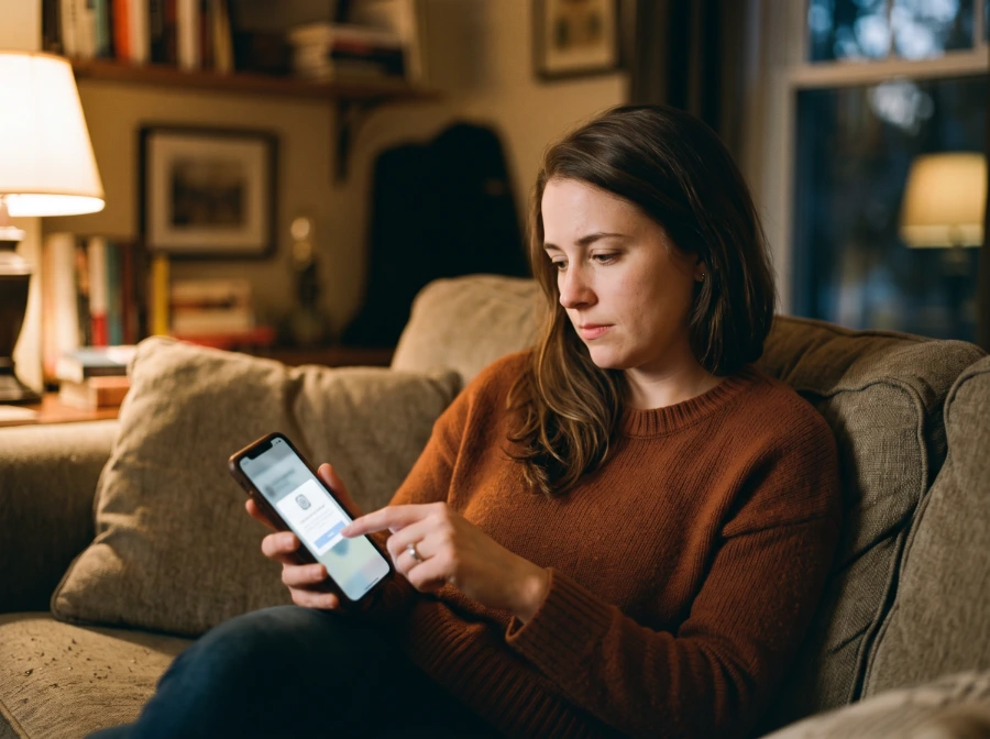 Woman sitting on a couch looking at her smartphone screen, reviewing an app before deciding whether to install it