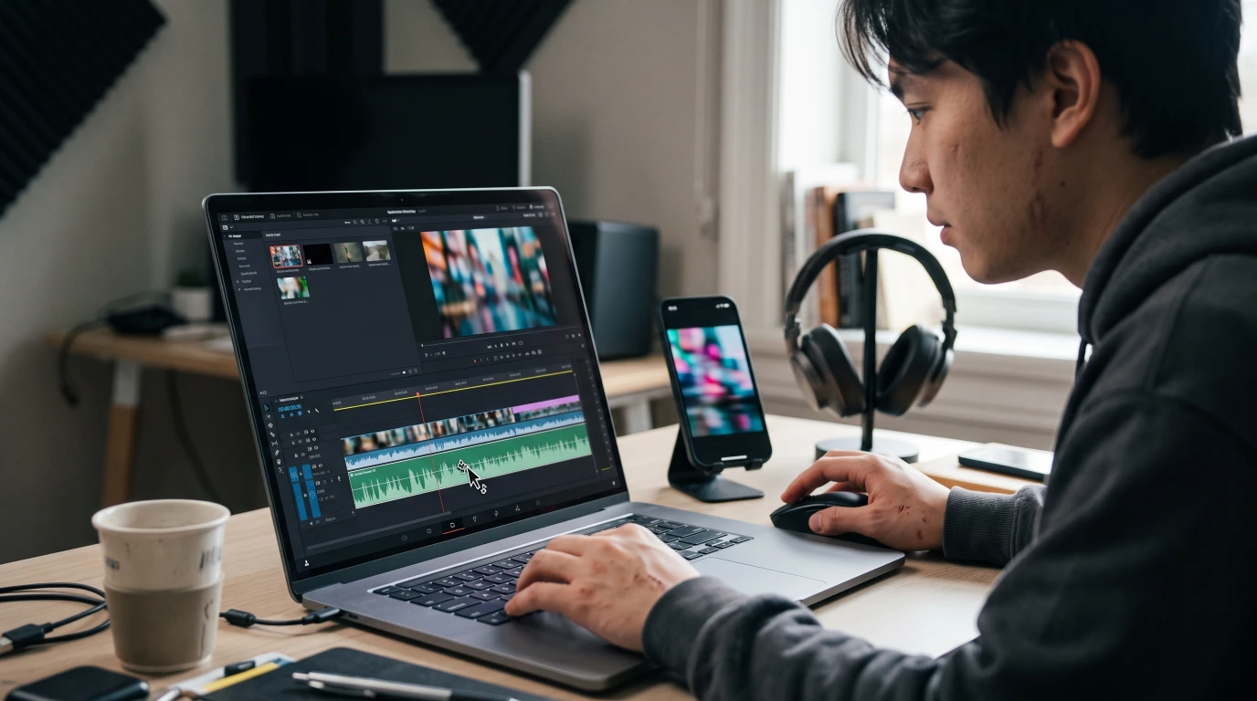 Video editor placing an extracted Kuaishou audio track on an editing timeline on a laptop