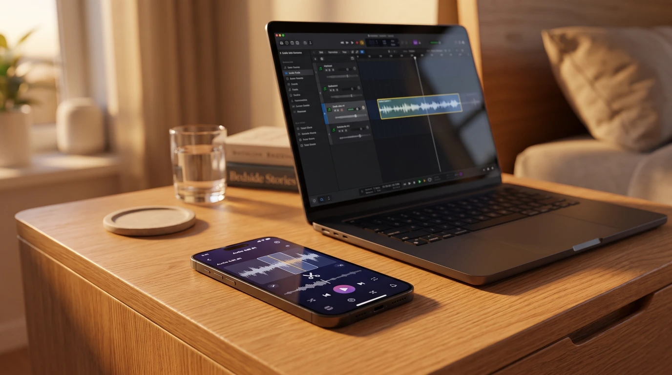 Trimming an extracted Kuaishou MP3 into a short ringtone clip in a phone audio editor, with the same waveform open on a laptop