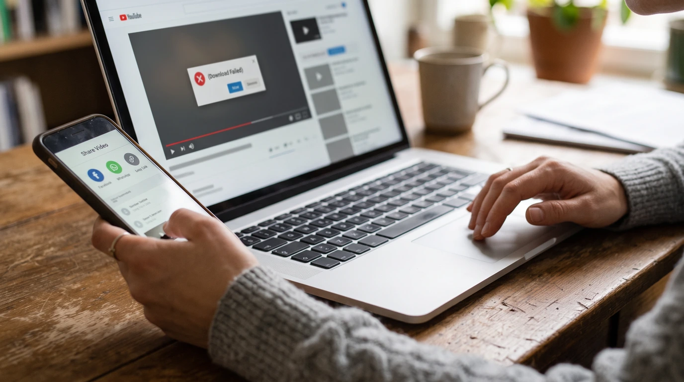 Person re-copying a video's share link on their phone after an audio download failed on their laptop