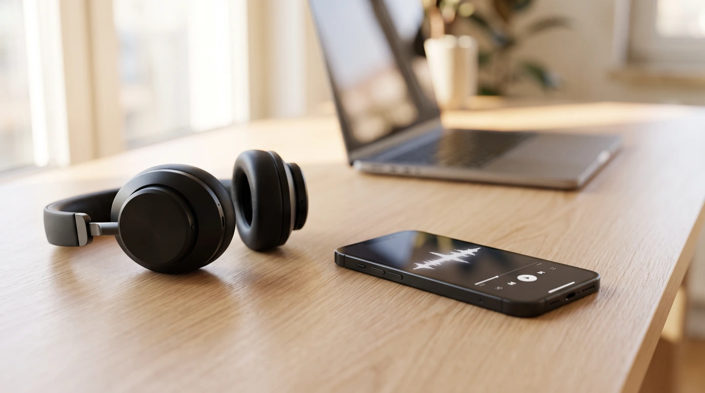 Smartphone playing an audio-only MP3 track extracted from a Kuaishou video, next to wireless headphones and a laptop