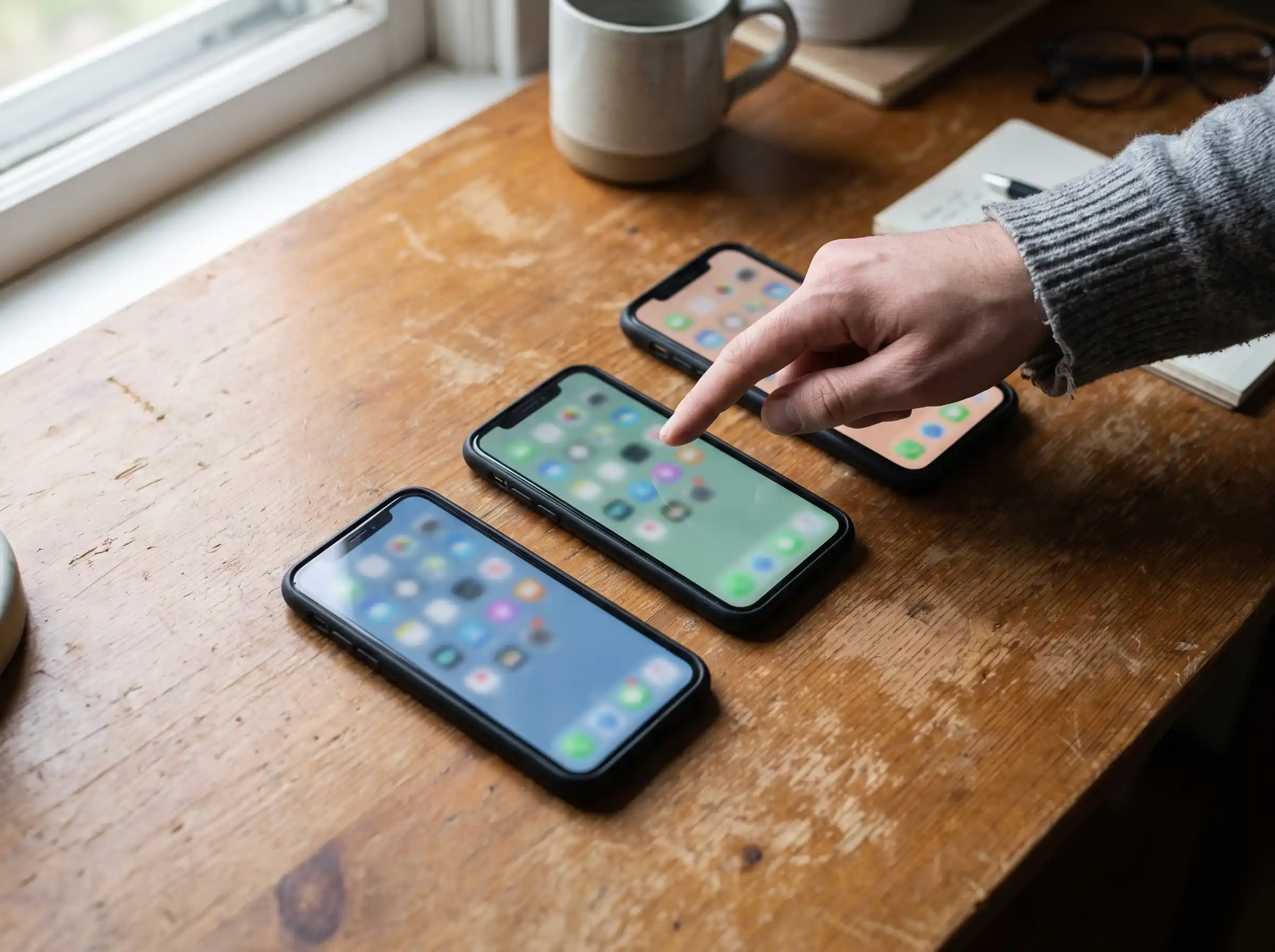 Hand reaching to pick one phone among several lined up on a table, representing the choice between Kuaishou and TikTok