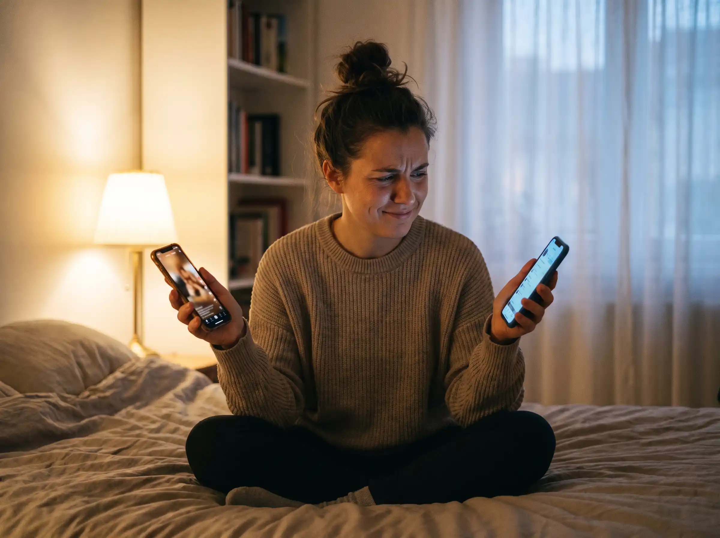 Woman looking confused while holding two different phones, representing the mix-up between Kuaishou, Douyin, and TikTok