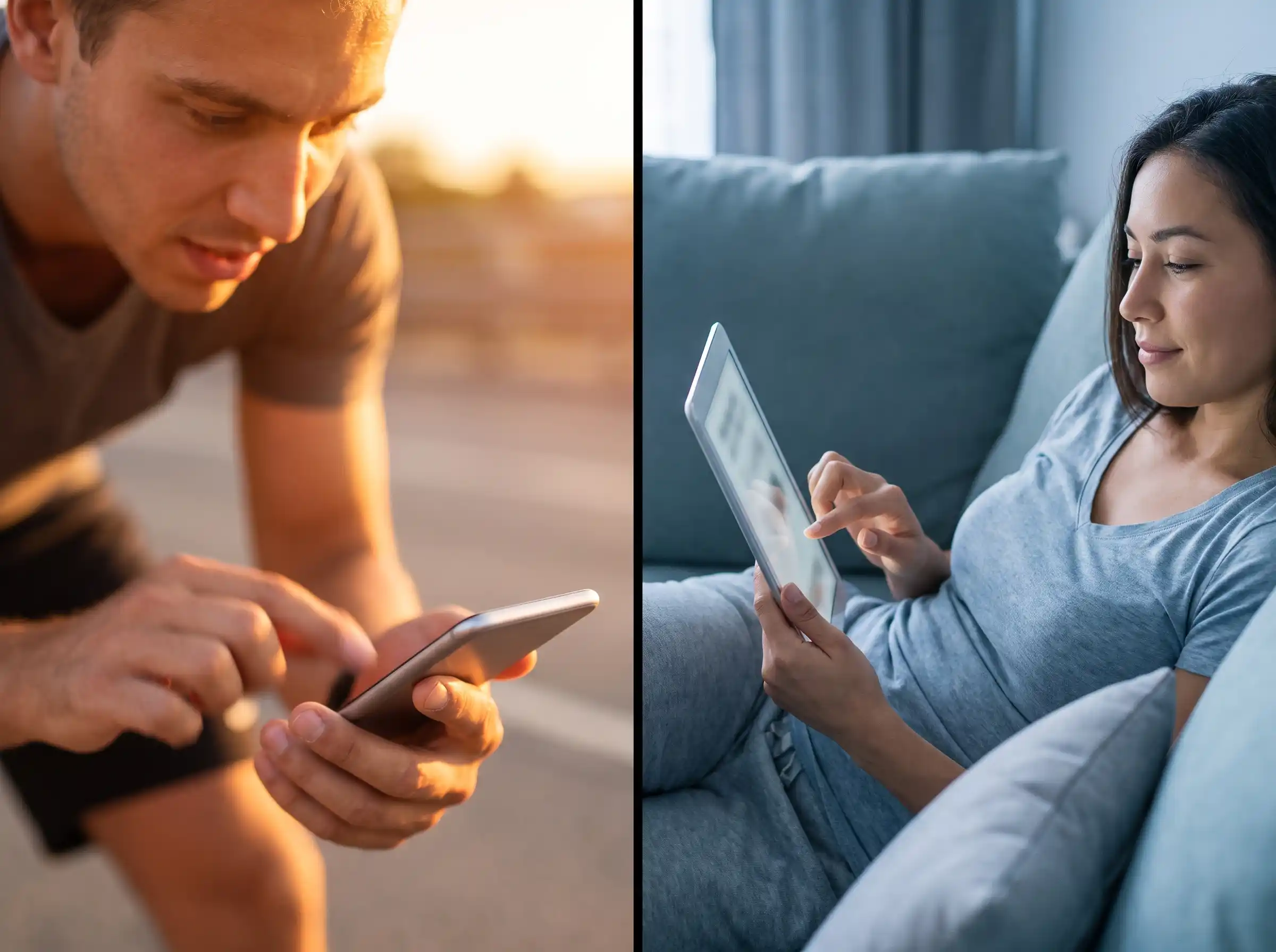 Split-screen comparison of someone quickly scrolling on a phone versus someone slowly browsing a tablet, illustrating TikTok's fast pace versus Kuaishou's slower feed