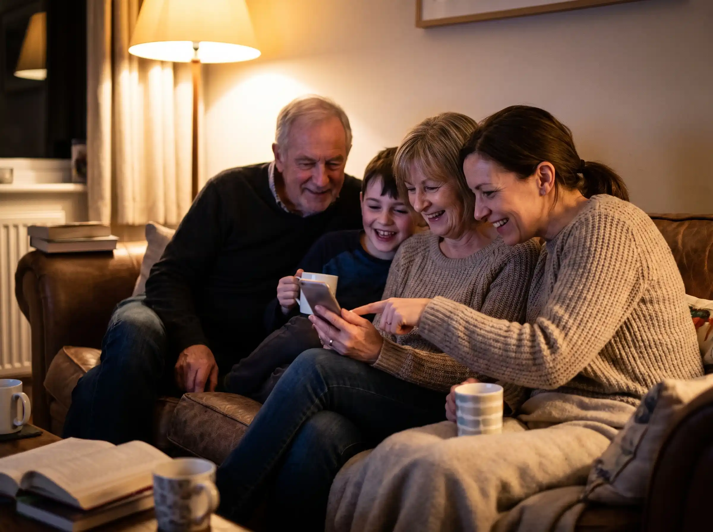 Multi-generational family gathered around a phone laughing together, representing Kuaishou's broader, community-focused audience