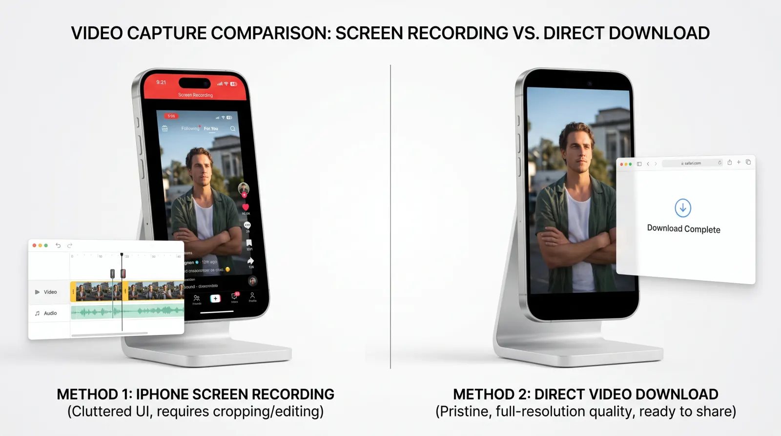 Split-screen view of an iPhone downloading a Kwai video