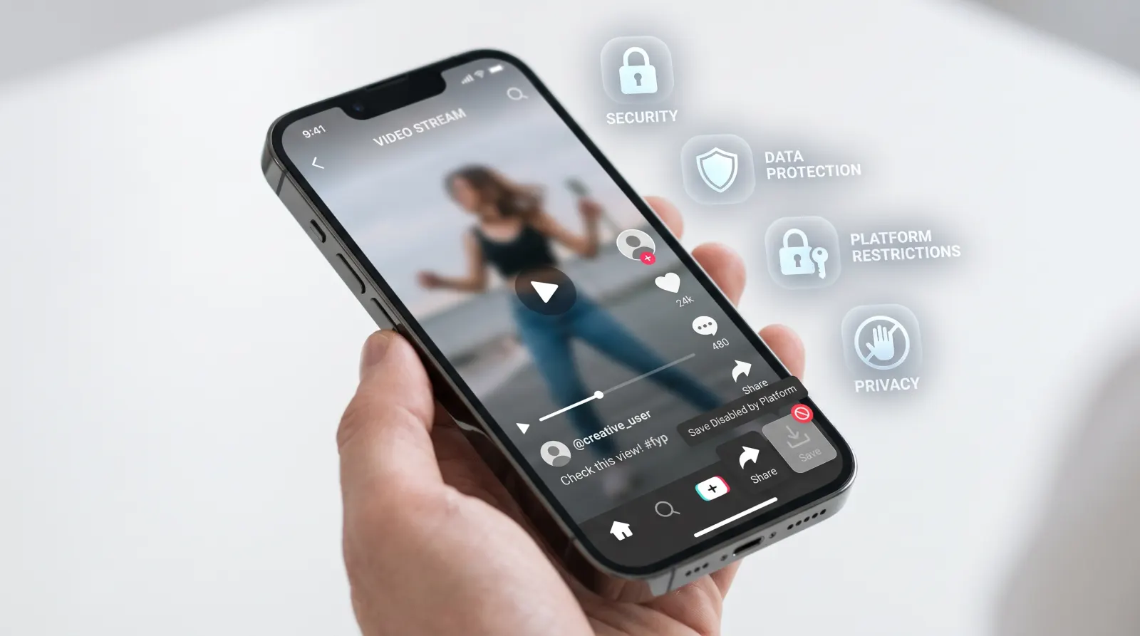 iPhone screen showing a Kwai video with no visible save option