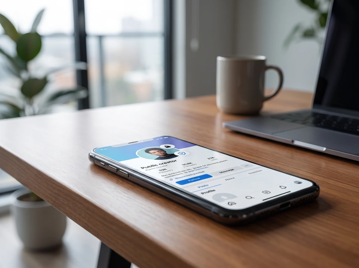 Smartphone on a desk showing a creator profile page with a lock icon, representing a private or restricted Kwai account