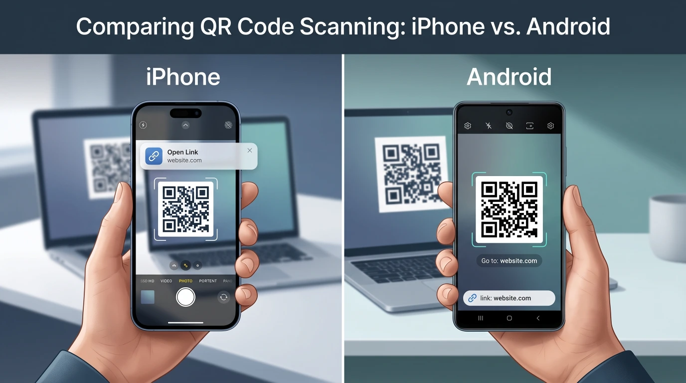Side-by-side comparison of scanning a QR code with the native camera app on iPhone versus Android