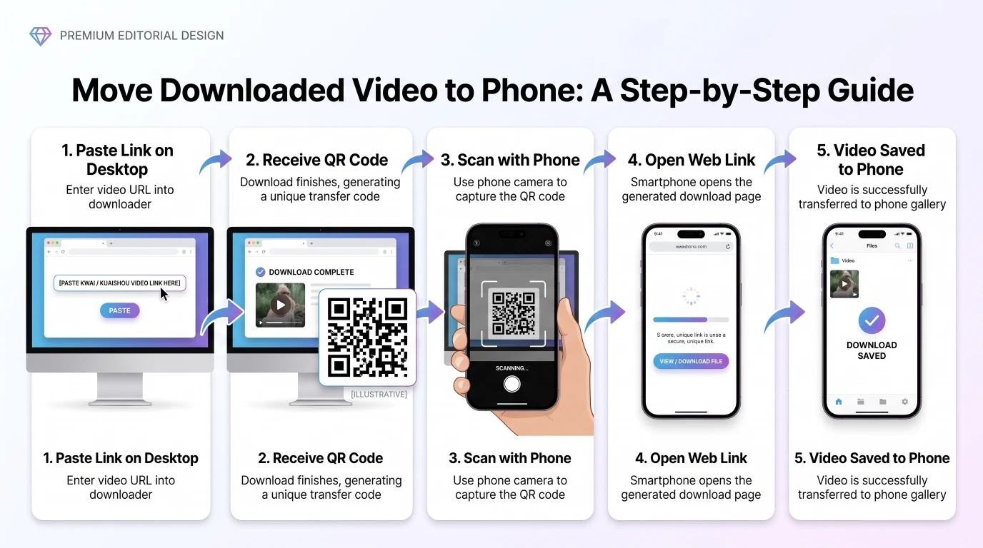 Five-step guide: paste the video link on desktop, receive the QR code, scan it with a phone, open the web link, and the video is saved to the phone