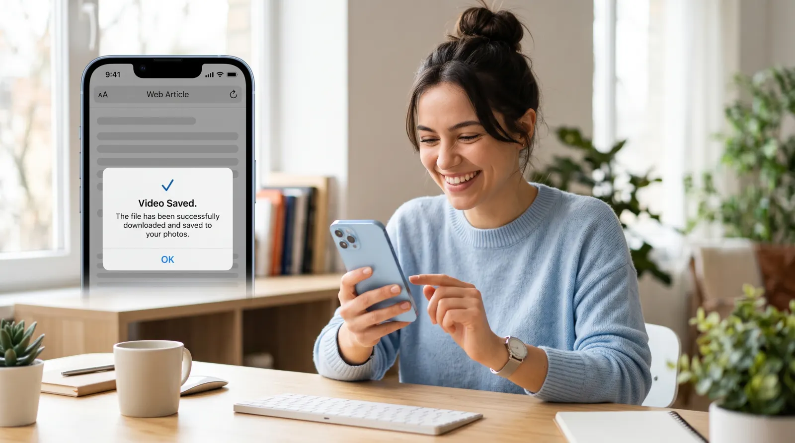 iPhone showing a Kwai video successfully saved to the Camera Roll