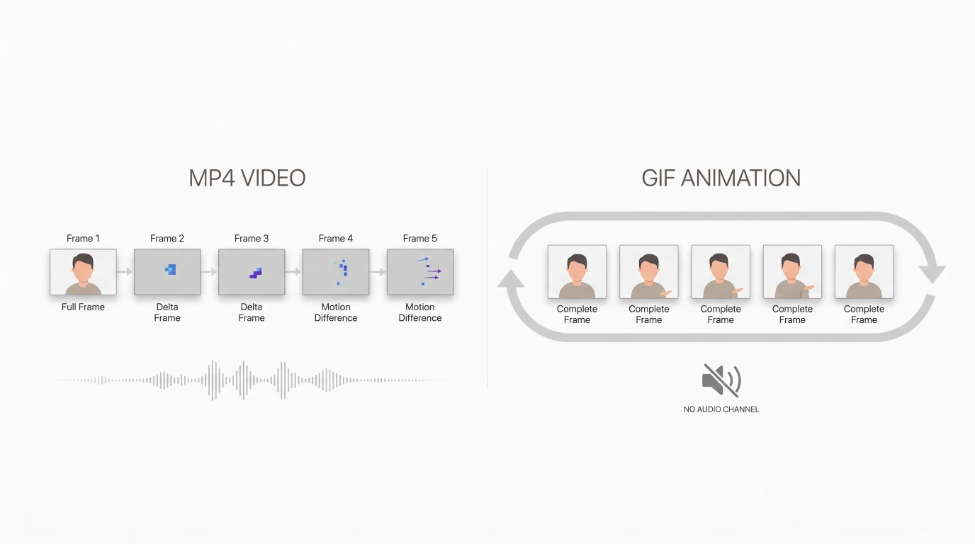 Diagram comparing MP4 video, which stores delta frames and audio, with a GIF, which loops complete frames and has no audio channel