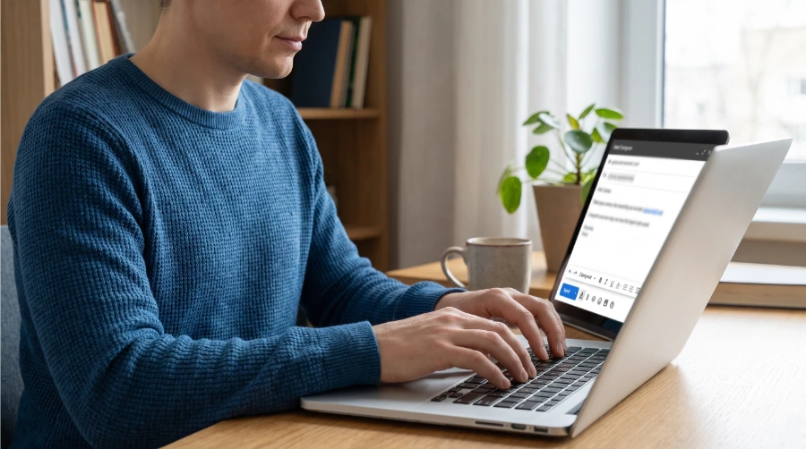 Man typing an email on a laptop, representing how to send a copyright takedown request