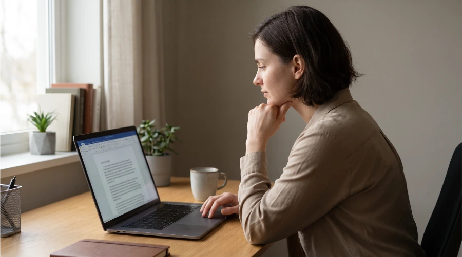 Woman looking thoughtfully at a laptop screen while reading a document, weighing personal versus commercial use of a video