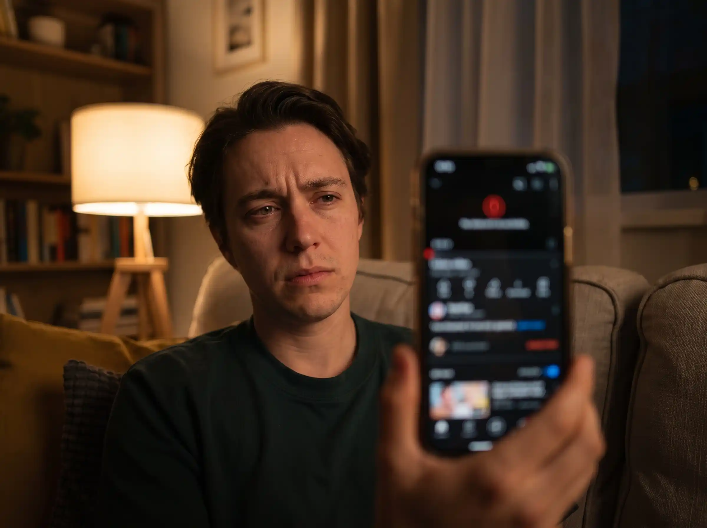 Man looking concerned at his phone screen while troubleshooting a failed Kuaishou video download