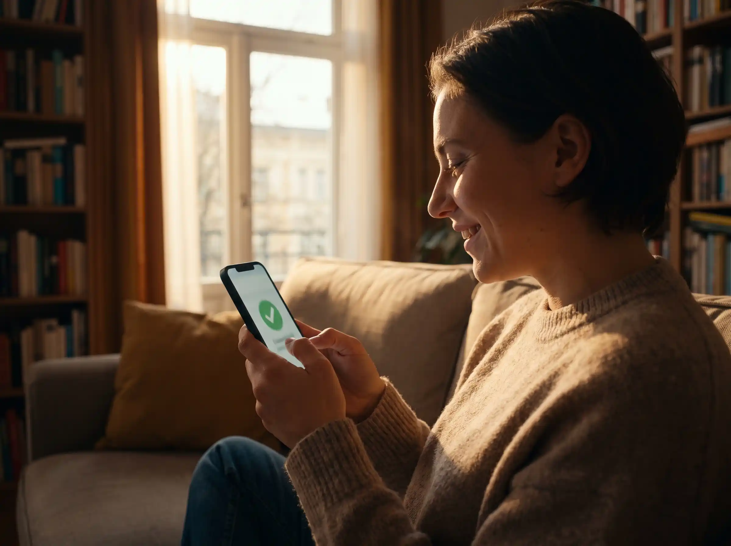 Person smiling at their phone screen after successfully retrying a Kuaishou video download