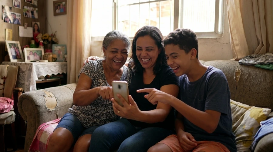 Três gerações de uma família brasileira reunidas em volta do celular, assistindo juntas a um vídeo do Kwai
