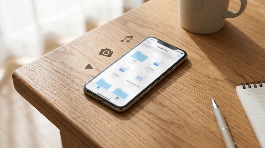 Celular sobre a mesa mostrando as opções de download do KwaiSave: vídeo MP4 em HD, foto de perfil e áudio em MP3